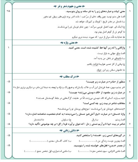 نمونه سوال امتحانی ترم دوم هماهنگ خرداد 1401 درس فارسی پایه نهم همراه