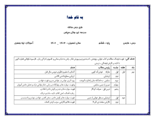 شیوه تدریس سالانه فارسی و نگارش کلاس پایه ششم ابتدائی