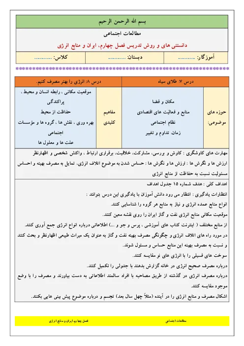 طرح درس کتاب مطالعات اجتماعی فصل 4: ایران و منابع انرژی پایه ششم ابتدائی
