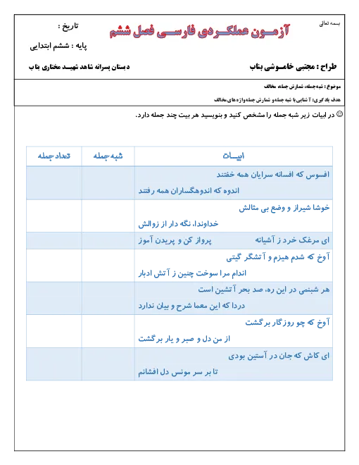 نمونه سوال امتحانی عملکردی درس فارسی فصل 6: علم و عمل پایه ششم دبستان همراه با پاسخنامه تشریحی
